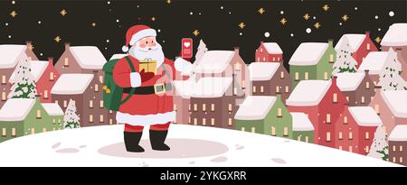 Santa Claus prenant selfie village enneigé scène de nuit Noël festif hiver paysage coloré maisons flocons de neige ciel art numérique Illustration de Vecteur