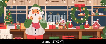 Santa Claus atelier de Noël scène festive avec des cadeaux décorations flocons de neige arbre de Noël couronne de décoration intérieure confortable ambiance de vacances Illustration de Vecteur
