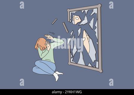 Unhappy young woman near broken mirror struggle with mental problem or depression. Upset girl suffer from psychological disorder or bullying. Inner co Stock Photo