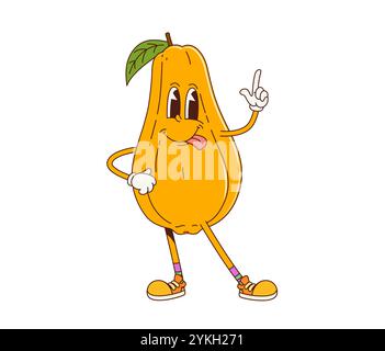 Personnage de fruit de papaye rétro de dessin animé avec une expression joyeuse, portant des baskets et faisant signe pointant. Vector tropical fruit dégage une ambiance amusante, énergique et nostalgique avec la langue collante Illustration de Vecteur