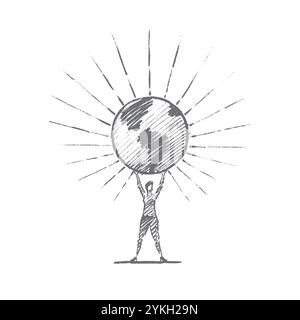 Esquisse de concept de planète Terre dessinée à la main par vecteur. Femme debout et tenant un grand globe brillant sur les mains levées Banque D'Images