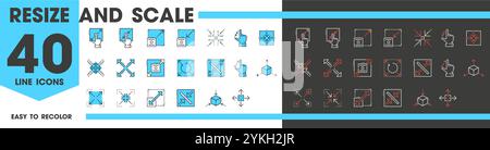 Redimensionner et mettre à l'échelle les icônes de ligne, réduire ou agrandir le zoom ou changer, pictogrammes vectoriels. Icônes de taille évolutive du doigt pour la fenêtre étendre ou agrandir, faire pivoter la boîte, réduire le zoom avant pour les flèches de contrôle de l'écran Illustration de Vecteur