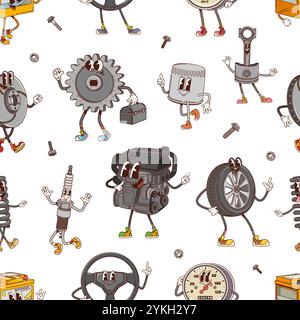 Pièces de rechange et outils de voiture Groovy personnages sans couture, fond vectoriel. Motif de pièces de rechange de voiture groovy comique de dessin animé rétro du moteur drôle avec le visage joyeux et la roue de pneu avec le sourire bizarre Illustration de Vecteur