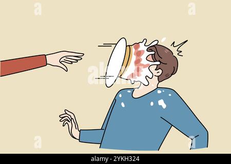 Personne jeter le gâteau dans le visage de l'homme faire plaisir à un ami ou un collègue. Salutation ou félicitations avec un joyeux anniversaire de queue ou de blague. Rire et sourire concept Banque D'Images