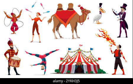 Personnages de cirque de dessins animés d'artistes de carnaval, d'animaux et de tente supérieure. Magicien vectoriel, acrobate et jongleur, reniflard de feu et personnages de batteur, singes, chameaux et pélican interprètes de spectacle de cirque Illustration de Vecteur