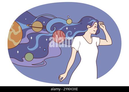 Jeune femme marchant avec de l'espace et des planètes dans les cheveux. Fille pleine de pensées et d'idées créatives et imaginaires. Imagination et créativité. Vect Banque D'Images