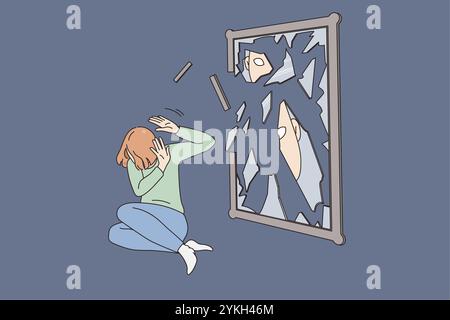 Unhappy young woman near broken mirror struggle with mental problem or depression. Upset girl suffer from psychological disorder or bullying. Inner co Stock Photo