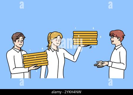 Smiling investors give successful businessman coins for saving and income. Businesspeople put money on deposit in bank. Finance and investment concept Stock Photo