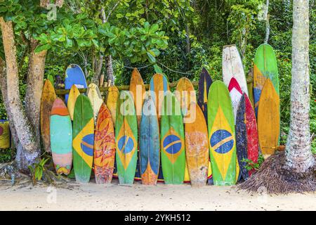 Planches de surf colorées avec drapeau brésilien à l'incroyable plage de Mangrove et plage de Pouso sur la grande île tropicale Ilha Grande Rio de Janeiro Brésil Banque D'Images