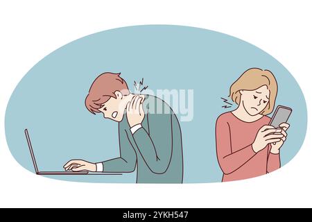 Les personnes qui travaillent sur des gadgets souffrent de problèmes de cou. Les utilisateurs dépendants des appareils luttent contre le mal de dos ou le spasme spinal. Problème de position sédentaire. V Banque D'Images