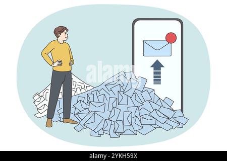 Un employé insatisfait regarde la pile ou les e-mails non lus pensent à la charge de travail. Un travailleur considère un tas d'e-mails et de notifications de smartphone. Surtraiter un Banque D'Images