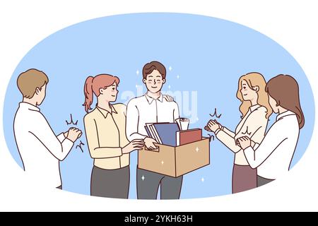 Un employé heureux accueille les nouveaux arrivants sur le lieu de travail. Les gens d'affaires souriants rencontrent les novices au bureau. Emploi et recrutement. Illustration vectorielle Banque D'Images