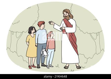 Souriant Jésus Christ parlant avec de petits enfants dans le jardin. Le Messie bienveillant parle avec les petits enfants à l'extérieur. Religion et foi. Illustration vectorielle Banque D'Images