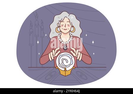 Sorcière femelle avec boule de cristal magique prédire l'avenir. Une femme qui lit sa fortune dans une pièce sombre. Magie et superstition. Illustration vectorielle Banque D'Images