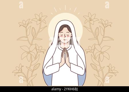 Vierge Marie entourée de lis priant. Mère de Jésus-Christ dans la prière. Foi et religion. illustration Banque D'Images