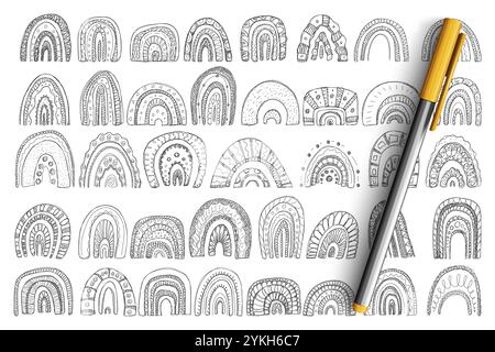 Arches et arcs-en-ciel façonnent l'ensemble de caniches.Collection d'arches dessinées à la main formes de différentes tailles de couches et motifs en lignes isolées sur transparent b Banque D'Images