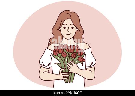 Portrait de femme souriante tenant des fleurs dans les mains. Fille heureuse avec bouquet se sentant heureuse de célébrer l'anniversaire. Illustration vectorielle Banque D'Images