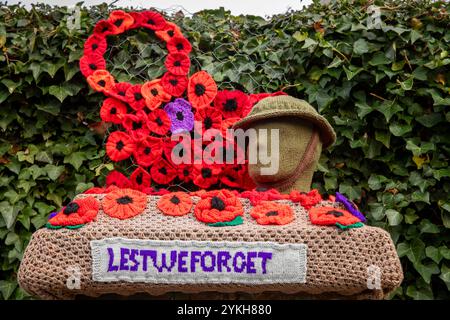 Royaume-Uni, Angleterre, Cheshire, Astbury, souvenir des coquelicots textiles de peur que nous oubliions la décoration de boîte aux lettres Banque D'Images