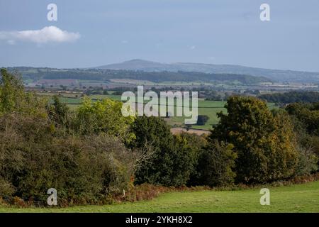 Vue vers Titterstone Clee Hill à travers les champs agricoles le 16 octobre 2024 à Stokesay, Royaume-Uni. Titterstone Clee Hill, parfois appelé Titterstone Clee ou, à tort, Clee Hill, est une colline importante dans le comté rural anglais du Shropshire, s'élevant au sommet à 533 mètres au-dessus du niveau de la mer. C'est l'une des Clee Hills, dans la région de Shropshire Hills d'une beauté naturelle exceptionnelle. Banque D'Images