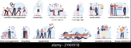 Personnages de compétences générales. Capacités individuelles pour le travail en entreprise, créativité empathie leadership travail d'équipe intelligence émotionnelle employés, kicky Illustration de Vecteur