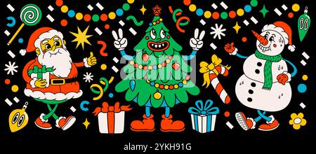 Personnages de dessins animés de Noël groovy. Vintage 70s drôle Père Noël, boule, bonhomme de neige, cadeau et arbre de Noël avec des visages heureux. Idéal pour Noël et Illustration de Vecteur