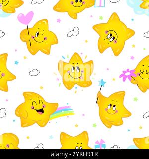 Motif sans couture des personnages étoilés. Modèle d'impression de caractères étoilés Kawaii. Conception étoilée jaune heureuse pour tissu, papier peint, fond vectoriel de nos jours Illustration de Vecteur