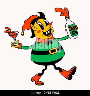 Santas Elf ivre. Groovy vintage drôle de personnage Elf avec cocktail et bouteille. Illustration de Vecteur