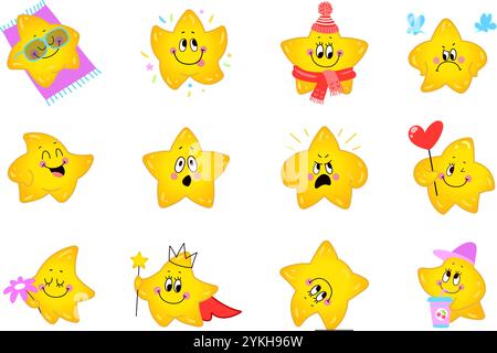 De mignonnes étoiles. Positive étoile kawaii surpris sourire buvant repos sur la plage. Caractères jaunes dans diverses poses et expressions, vecteur émotionnel de nos jours Illustration de Vecteur