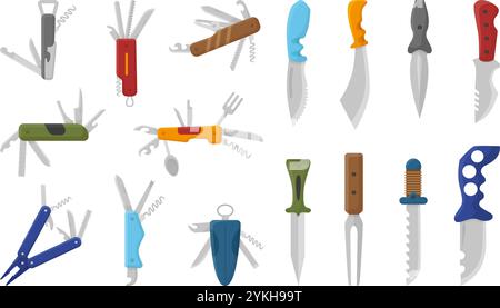 Cartoon multi-outils et couteaux. Outils de survie, équipement pour pique-nique, camping, chasse ou pêche. Arme froide, éléments d'autodéfense, vecteur néotérique Illustration de Vecteur