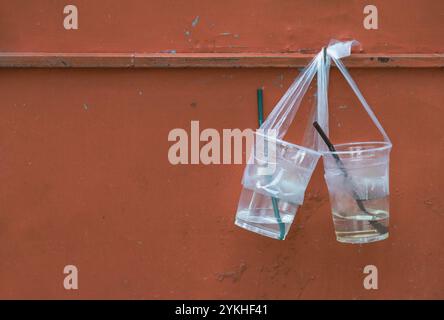 L'eau restante dans une tasse en plastique transparent ou du verre en plastique avec des pailles est accrochée sur le mur d'acier orange après avoir bu au festival. Les gens qui jettent Banque D'Images