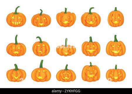 Flat Color Cartoon Vector Halloween citrouilles avec Carved faces Collection. Jack-O'-lanternes ensemble pour la décoration d'Halloween. Illustrations détaillées de citrouilles Illustration de Vecteur