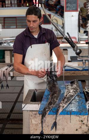 Poissonnier filant du sabre noir au marché aux poissons de Madère Banque D'Images