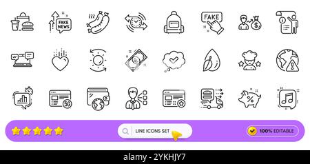 Cœur, livraison de nourriture et icônes de ligne d'avertissement Internet pour l'application Web. Icône de pictogramme. Icônes de ligne. Vecteur Illustration de Vecteur
