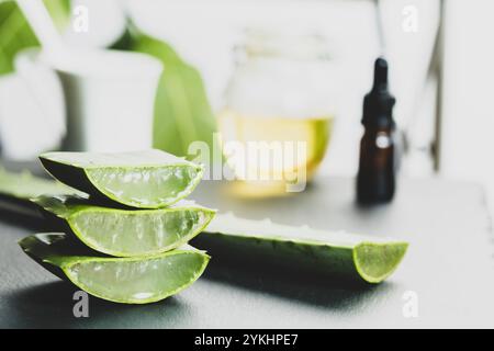 Dans l'image, vous pouvez voir des feuilles de la plante d'aloe vera et de petits morceaux de sa pulpe sur un fond d'ardoise Banque D'Images