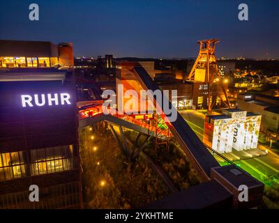 Temporäre Kunstinstallation Global Gate auf dem UNESCO-Welterbe Zeche Zollverein, Interpretation des Brandenburger Tores aus 37 Frachttainern, entstanden im Rahmen der Ki-Biennale, künstlerisch gestaltet vom Künstler Super*me, entwickelt von Marcus Schäfer, steht bis zum 30.03.25 auf dem Zollverein Gelände, EssenNRW, Deutschland, Global Gate Zollverein *** installation artistique temporaire Global Gate à la Portail de la Bienburg créé par l'UNESCO Super*Made de l'artiste du patrimoine mondial de Kennale 37, créé par l'artiste du site de l'UNESCO en Banque D'Images