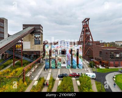 Temporäre Kunstinstallation Global Gate auf dem UNESCO-Welterbe Zeche Zollverein, Interpretation des Brandenburger Tores aus 37 Frachttainern, entstanden im Rahmen der Ki-Biennale, künstlerisch gestaltet vom Künstler Super*me, entwickelt von Marcus Schäfer, steht bis zum 30.03.25 auf dem Zollverein Gelände, EssenNRW, Deutschland, Global Gate Zollverein *** installation artistique temporaire Global Gate à la Portail de la Bienburg créé par l'UNESCO Super*Made de l'artiste du patrimoine mondial de Kennale 37, créé par l'artiste du site de l'UNESCO en Banque D'Images