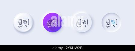 icône de ligne d'entretien 24 heures. Neumorphique, dégradé violet, boutons d'épingle 3D. Appeler le panneau d'assistance. Symbole de discussion de commentaires. Icônes de ligne. Boutons neumorphiques avec o Illustration de Vecteur