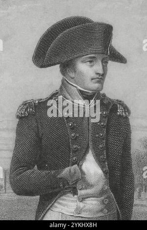 Napoléon Ier Bonaparte (1769-1821) Consul à vie (1802) et empereur des Français (1804-1815). Napoléon Ier à Malmaison, 1802. Gravure de Geoffroy d'après un portrait de Jean-Baptiste Isabey. Détail. Histoire du Consulat et de l'Empire, par A. Thiers. Volume I. publié à Paris, 1845. Banque D'Images