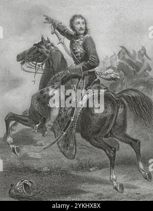 Joachim Murat (1767-1815) Politique et militaire français, roi de Naples sous le nom de Joachim Ier (1808-1815). Murat à la bataille de Wertingen (8 octobre 1805). Guerre de la troisième Coalition. Les forces impériales françaises dirigées par les maréchaux Joachim Murat et Jean Lannes ont vaincu un petit corps autrichien commandé par le lieutenant-maréchal Franz Xaver von Auffenberg. Dessin de Charpentier. Gravure de Geoffroy. 'Histoire du Consulat et de l'Empire' de A. Thiers. Volume VI publié à Paris, 1847. Banque D'Images