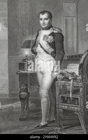 Napoléon Ier Bonaparte (1769-1821) Consul à vie (1802) et empereur des Français (1804-1815). Gravure de Vallot d'après un portrait de Jacques-Louis David. Histoire du Consulat et de l'Empire, par A. Thiers. Volume V. publié à Paris, 1845. Banque D'Images