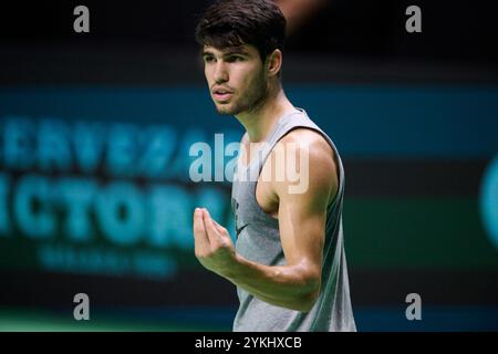 Malaga, Espagne. 18 novembre 2024. MALAGA, ESPAGNE - 18 NOVEMBRE : Carlos Alcaraz, de Team Spain, regarde lors d'une séance d'essais avant la finale de la Coupe Davis 2024 au Palacio de Deportes Jose Maria Martin Carpena le 18 novembre 2024 à Malaga, Espagne. (Photo de Francisco Macia/photo Players images/Magara Press) crédit : Magara Press SL/Alamy Live News Banque D'Images