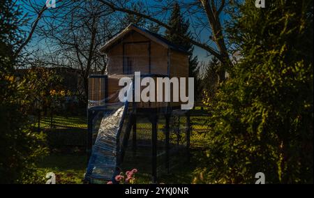 Une maison en bois dans les arbres pour les enfants protégé contre la neige et la pluie d'hiver avec du papier d'aluminium Banque D'Images