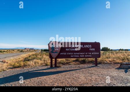 Panneau de bienvenue à l'entrée du parc national de Canyonlands, Utah Banque D'Images