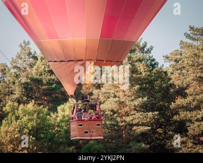 Montgolfières colorées volant dans le ciel bleu clair lors d'un événement de montgolfière, mettant en valeur l'aventure, la liberté et les loisirs en plein air Banque D'Images