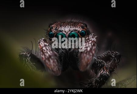 Gros plan macro d'une araignée sautante aux yeux verts saisissants, mettant en valeur les détails complexes de son corps poilu et ses couleurs éclatantes dans un cadre dramatique et bas Banque D'Images