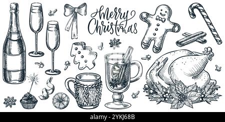 Plats de repas de Noël et du nouvel an, ensemble d'icônes vintage. Illustration d'esquisse dessinée à la main de vecteur de nourriture et de boissons de vacances. Eleme traditionnel au design de menu Illustration de Vecteur