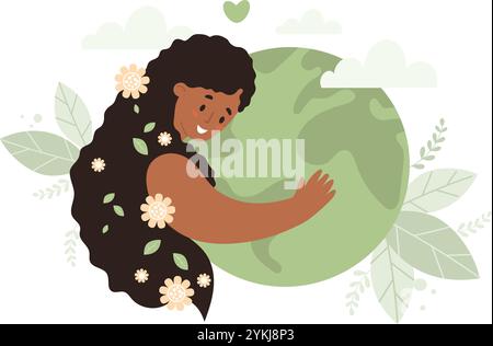 Femme afro américaine souriante avec de longs cheveux embrasse la planète verte Terre. Écologique nature et protection de l'environnement. Jour de la Terre. Illustration vectorielle à plat Illustration de Vecteur