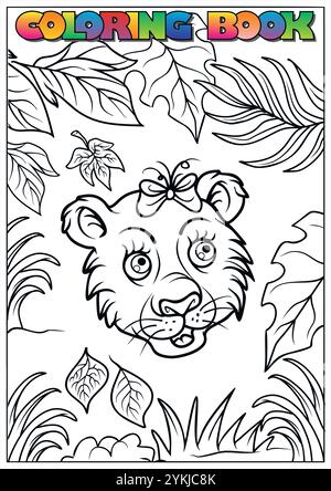 Adorable petit lion portant un arc avec papillon dans le cadre de la jungle, activité de coloration parfaite pour les enfants Illustration de Vecteur