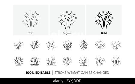 Icônes de ligne de feu d'artifice définies. Célébration du carnaval, lumières du festival et vecteur pyrotechnique explosif de noël Illustration de Vecteur