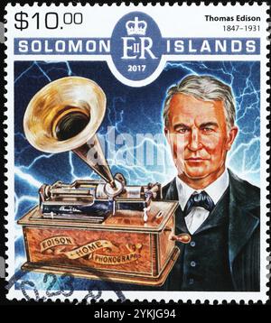 Thomas Edison et son phonographe à cylindre sur timbre Banque D'Images